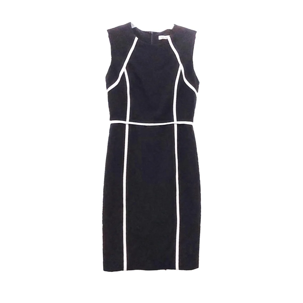 Calvin Klein EUC Black White Piping Sleeveless Sheath Dress Womens S/M - Picture 2 of 6